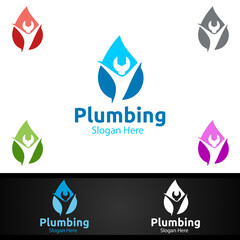 Plumbing Logo with Water and Fix Home Concept