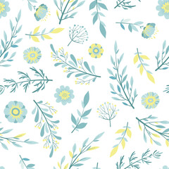 Seamless vector pattern with hand drawn flowers, leaves and branches isolated on white background. Floral design template for print, fabric, invitation, brochure, card, cover, wallpaper