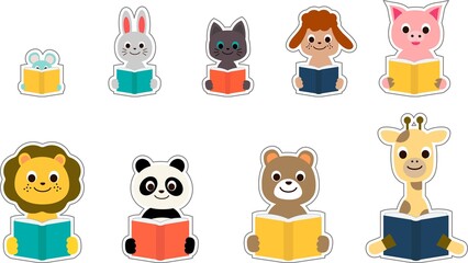 本を読んでいる動物たちのイラスト　セット