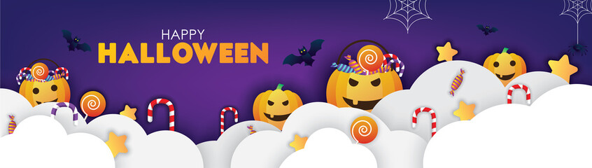 Colorful Happy Halloween Banner Clouds and Pumpkins Illustrations. Papercut Style Vector.