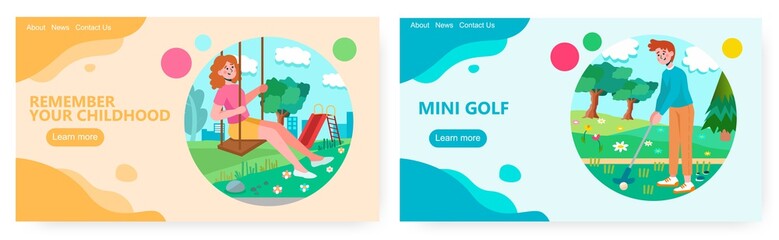 Woman on a swing on summer day enjoy her free time. Man plays gold on a green field. Weekend concept illustration. Vector web site design template