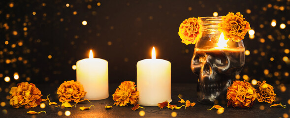 Black Banner with Burning candles, Skull and marigold flowers. Dia de los muertos day or day of the...