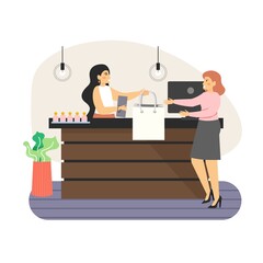 Retail store counter. Happy woman shopping in fashion store, flat vector illustration