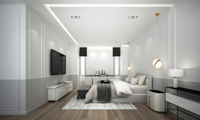Modern luxury bedroom interior design and white and grey pattern wall background and tv wall
