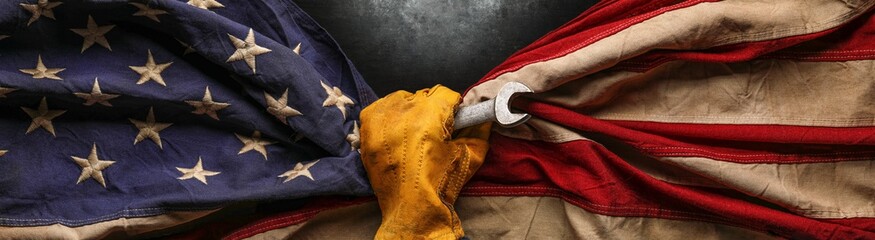Worn work glove holding wrench tool and gripping old worn US American flag. Made in USA, American workforce, blue collar worker, or Labor Day concept. © Leigh Prather