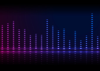 Neon sound wave equalizer abstract retro background with reflection. Futuristic vector design