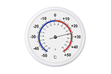 Outdoor thermometer on white background. Ambient temperature plus 25 degrees celsius