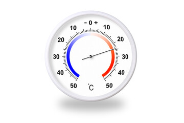 Outdoor thermometer on white background. Ambient temperature plus 24 degrees celsius