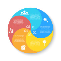 Circle infographics template can be used diagram, presentation or web design. Business concept with 5 options or steps. Vector infographic design.