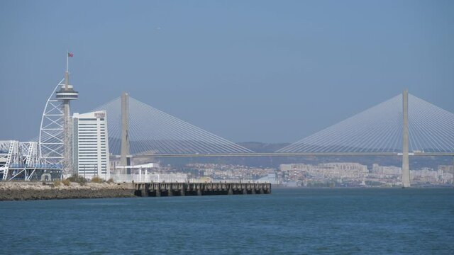 Vasco da Gma bridge Lisbon Portugal slow motion 4k
