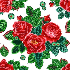 Poster Seamless pattern with rose buds and leaves. Graphic llustration on white background. For the design of shawl, handkerchief, weddings, dress, fabrics, wallpaper, pattern, digital paper, costume, dress © Наталья Матюшина