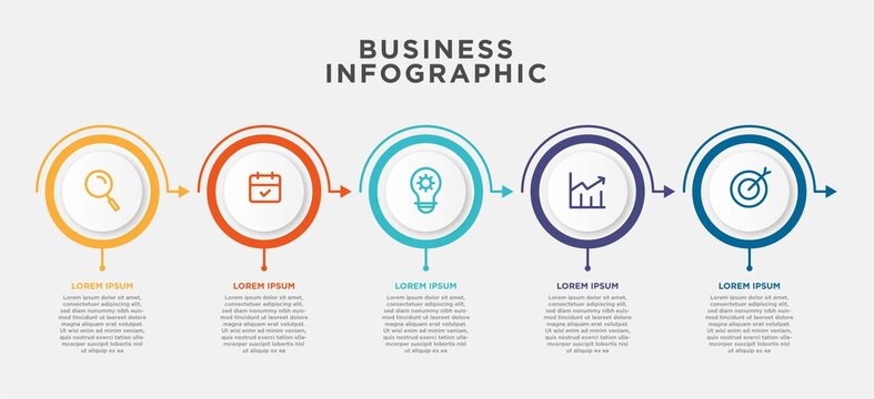 White circles with thin lines for info graphic. Template for timeline presentation with 5 steps or options.