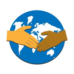 International Day of Peace concept. Multicolored hands on near the Earth globe on a white background. Vector illustration.