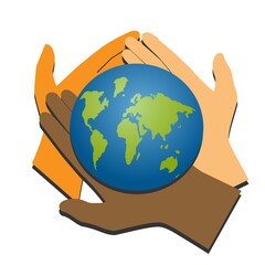 International Day of Peace concept. Multicolored hands hold a globe on a white background. Vector illustration.