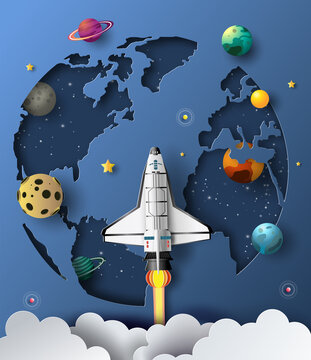 Paper Art Style Of The Space Shuttle Taking Off In Space, Start-up Concept, Flat-style Vector Illustration.