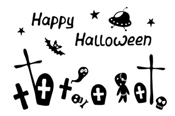Happy Halloween. Vector background of cemetery with graves, tombstones, crosses, bones, Ghost, zombie, bat. Primitive silhouettes isolated on white background. Set of flat design elements
