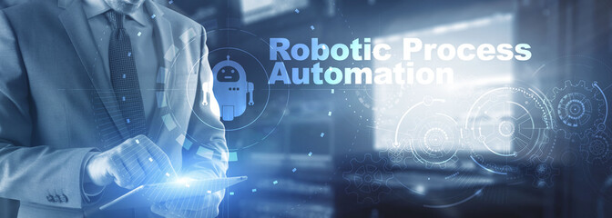 RPA Robotic Process Automation. Technology concept on virtual screen. Ai algorithm analyze Business.