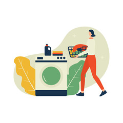 Vector illustration, woman laundry clothes with machine