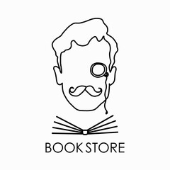 logo template for a bookstore or society of book lovers. Vector illustration in the style of minimalism.isolated on a white background.man in pince-nez, book and place for text