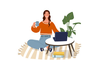 Young happy woman is sitting on the floor, drinking coffee and working on the computer. Remote work, online education, home office, online meeting with friends. Flat cartoon vector illustration