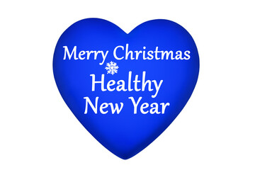 Blue heart, Merry Christmas & Healthy New Year text, snowflake pattern white background isolated, happy 2021 holiday banner, symbol of world victory over coronavirus, greeting card, love & life sign