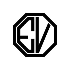 EV initial monogram logo, octagon shape, black color
