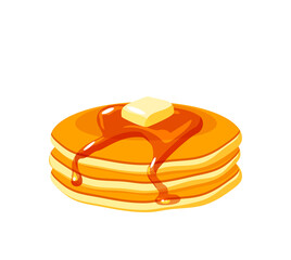Pile of pancakes with butter and maple syrup. Vector illustration cartoon flat icon isolated on white.