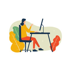 Vector illustration, woman working with computer, work from home