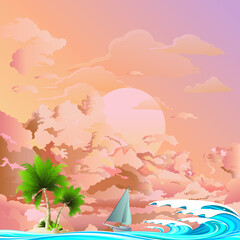 Luxury yacht sailing to remote desert island with high ocean waves set against a dawn or dusk pink sky