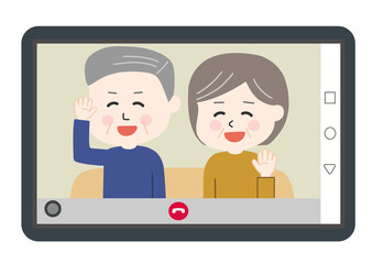 Elderly couple sitting on the sofa and having video call on tablet or smartphone. Vector illustration isolated on white background.
