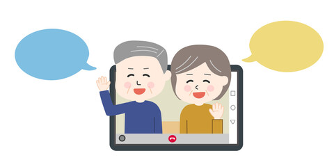 Elderly couple with speech bubbles having video call on tablet or smartphone. Vector illustration isolated on white background.