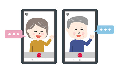 Elderly couple having a video call  on tablet or smartphone. Vector illustration with speech bubbles isolated on white background.