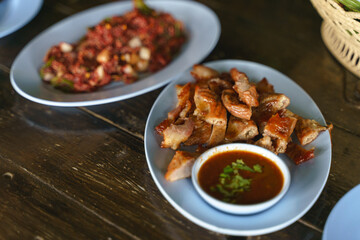 Eating grilled intestine