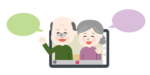 Grandpa and grandma with speech bubbles sitting on the sofa and having video call on tablet or smartphone. Vector illustration isolated on white background.