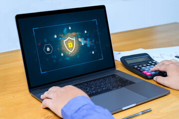 Businesswoman hand using laptop with Data protection, Cyber security secure, information safety and encryption concept. internet technology concept.