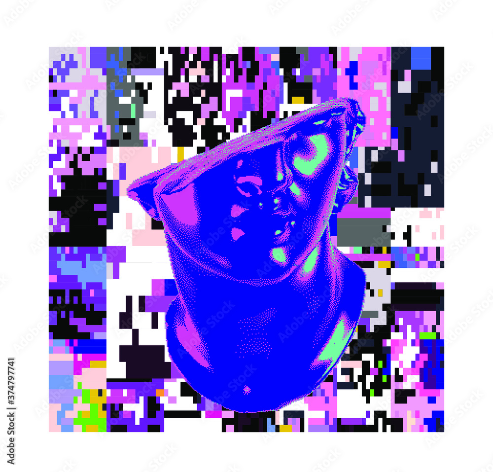 Poster fragmentary marble of plaster bust in bitmap pixel art style. vaporwave and cyberpunk aesthetics fro