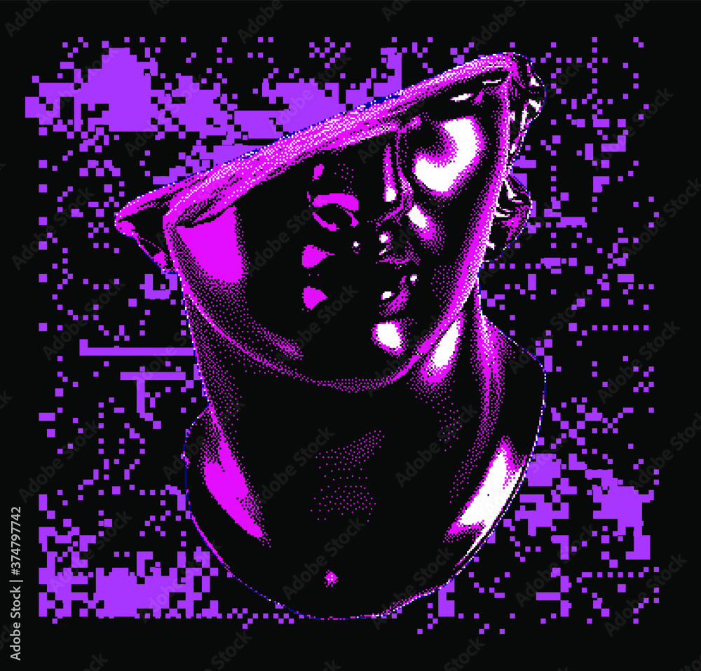 Poster fragmentary marble of plaster bust in bitmap pixel art style. vaporwave and cyberpunk aesthetics fro