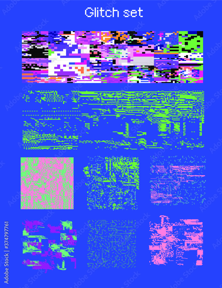 Poster bundle of glitch overlays. computer screen error, digital pixel noise design.