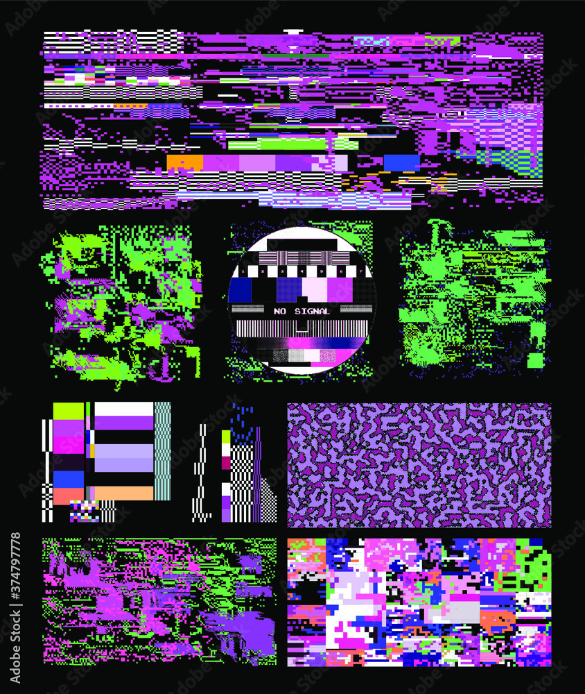 Poster bundle of glitch overlays. computer screen error, digital pixel noise design.