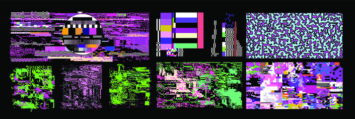 Bundle of glitch overlays. Computer screen error, digital pixel noise design.