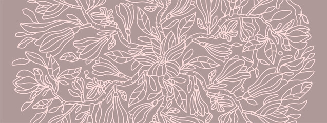 Elegant linear magnolia flowers, floral background horizontal design. Vector botanical illustration. Invitation card template, banner design with exotic flowers. Line art magnolia in pastel colors
