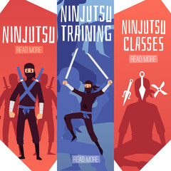 Ninjutsu training classes banner template set with cartoon warrior