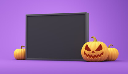 Halloween. 3D rendering. Composition of pumpkins of torches and an empty blackboard on a purple background. Illustration for advertising.