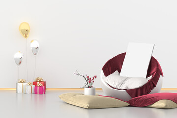 Room with round seat, gold balloons, gift packages and flower to celebration a wedding. Empty space for advertising, promotion, social media banners. White room.