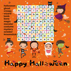 Education game for kids, Word search puzzle activity, Halloween learning, Vector flat style, illustration 