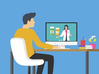 telemedicine, online healthcare and medical consultation and support services concept, man using computer video call conferencing to doctor online, flat vector illustration