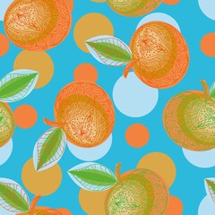 Apples and oranges blue background seamless pattern Vector For your design for wallpaper, fabric and wrapping paper.