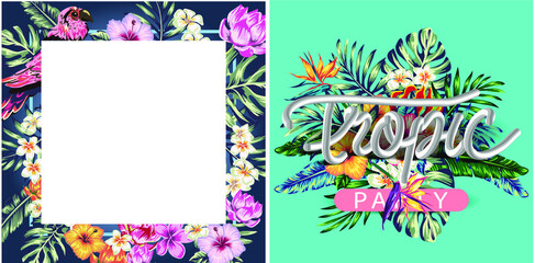 
tropical flowers and palms summer banner graphic exotic background, design templates. Invitation. Catalog cover. Banner. banner, social media message.
