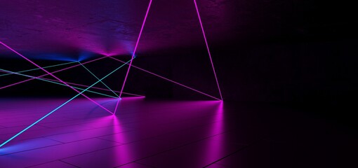 Abstract architectural minimalistic background. Contemporary showroom. Modern concrete exhibition tunnel. Empty gallery. Futuristic space sci-fi neon backlight. 3D illustration and rendering.