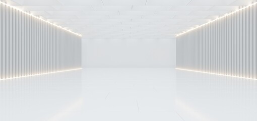 Abstract architectural minimalistic background. Contemporary showroom. Modern concrete exhibition stand. Empty gallery. Backlight. 3D illustration and rendering.